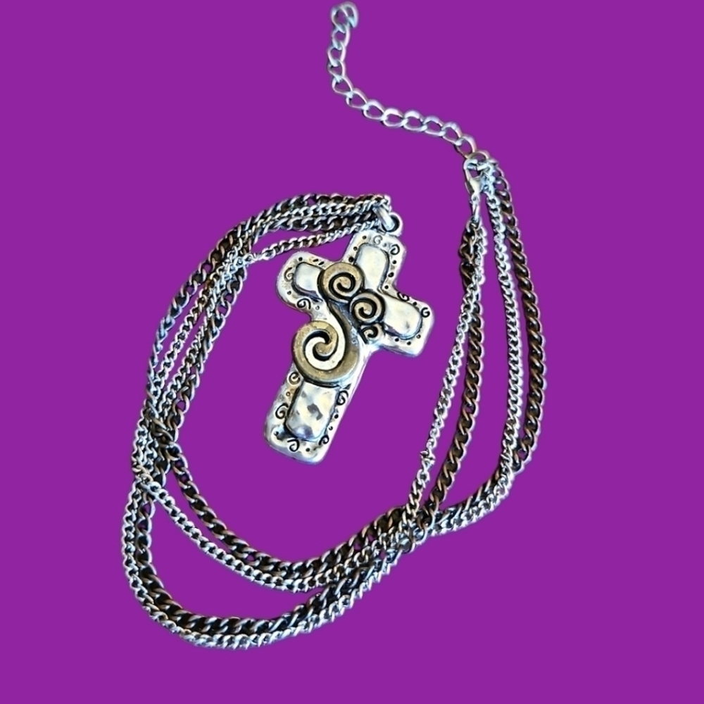 Two-tone Scroll Cross Multi-chain Bronze Necklace